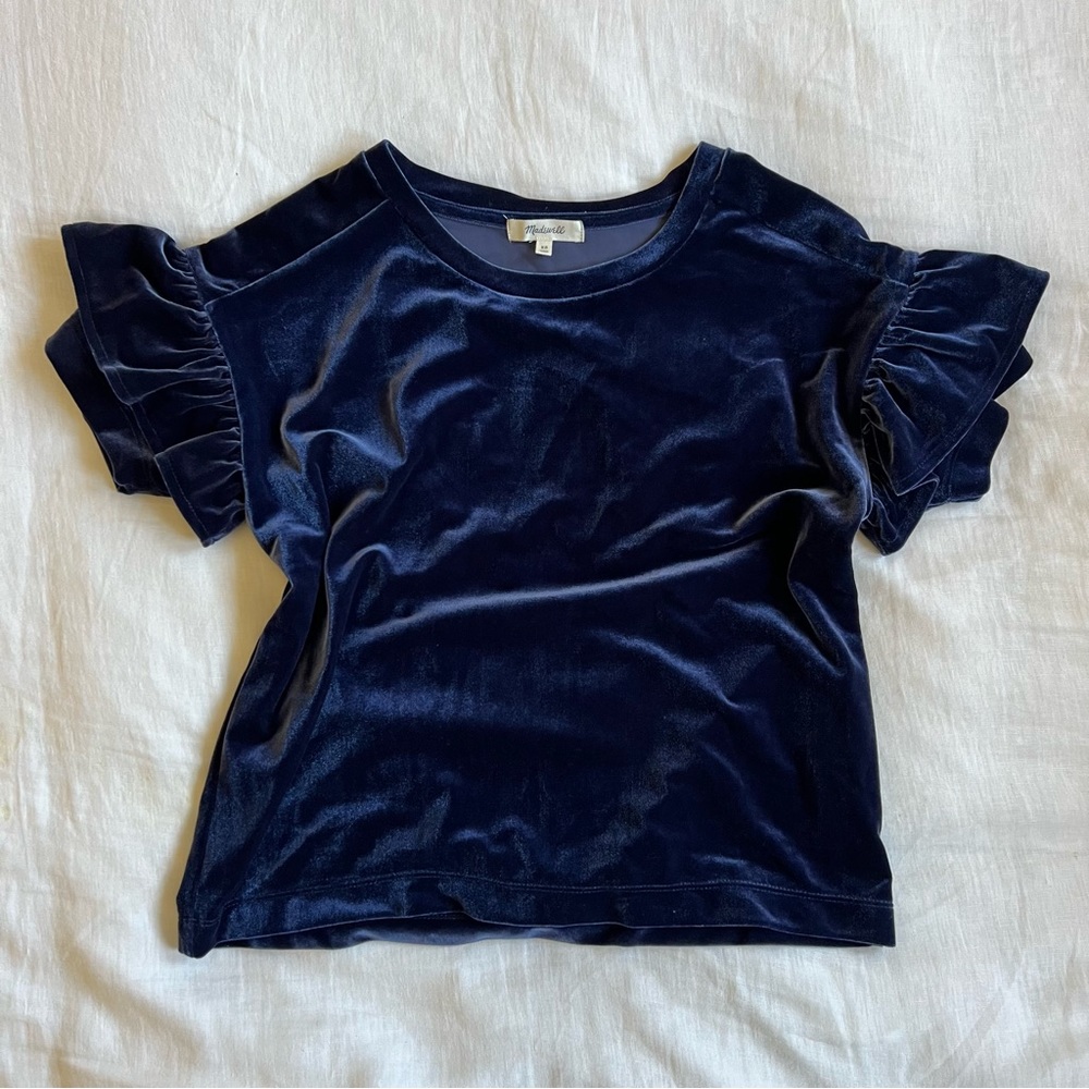 Madewell Navy Velvet Ruffle Sleeve Top